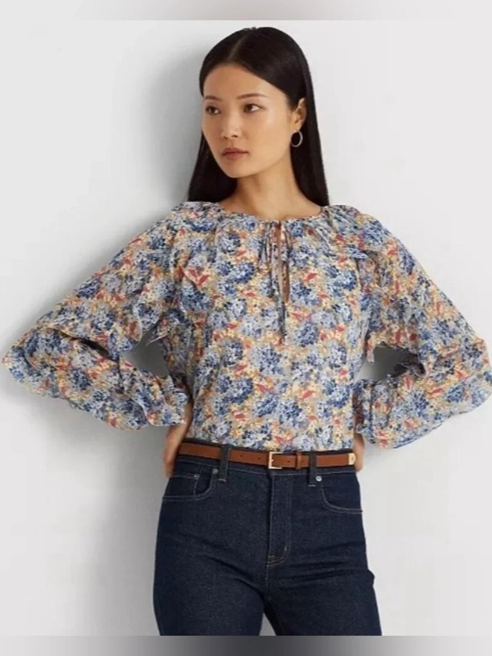 Lauren Ralph Lauren Floral Crinkle Georgette Tie-Neck Blouse Medium
